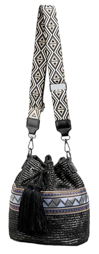 2025 Summer Straw Bucket Bag Women Woven Crossbody Bag Woven Texture Wide Shoulder Strap Beach Vacation Tassel Tote