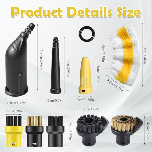 12 Stück Zubehör Set für Kärcher Dampfreiniger SC1 SC2 SC3 SC4 SC5 – Verlängerte & Gebogene Düse, Rundbürsten, Fugen- & Handdüse, Ersatz Siegel, Nylon Kupfer Bürsten für Küche Bad Auto Boden Möbel