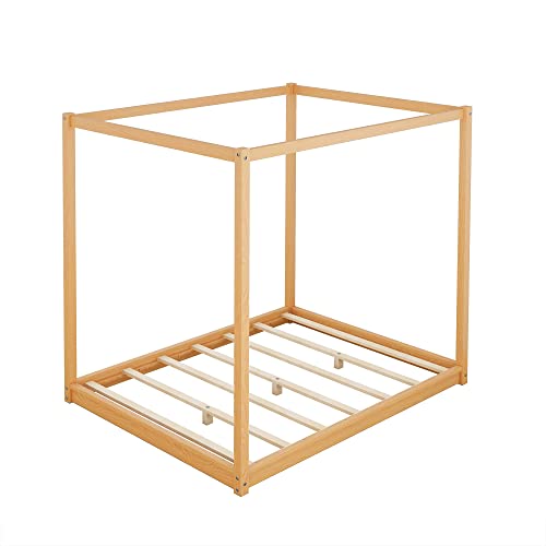 Merax Modern Queen Size Wood Canopy Bed Floor Platform Bed Frame/No Box Spring Needed/Easy Assembly, Nutural #TOP4