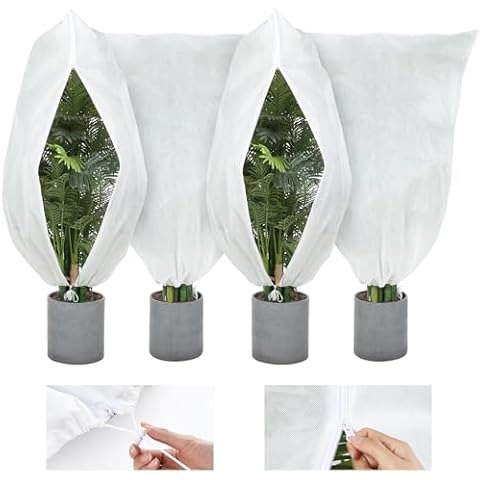 Duerer Plant Covers Freeze Protection 48"W x 72"H, 4 Packs Frost Cloths for Outdoor Plants Heavy Duty 2.82oz/yd² Winter Tree Covers Bags, Non Woven Reusable Frost Blankets with Drawstring and Zipper Cover