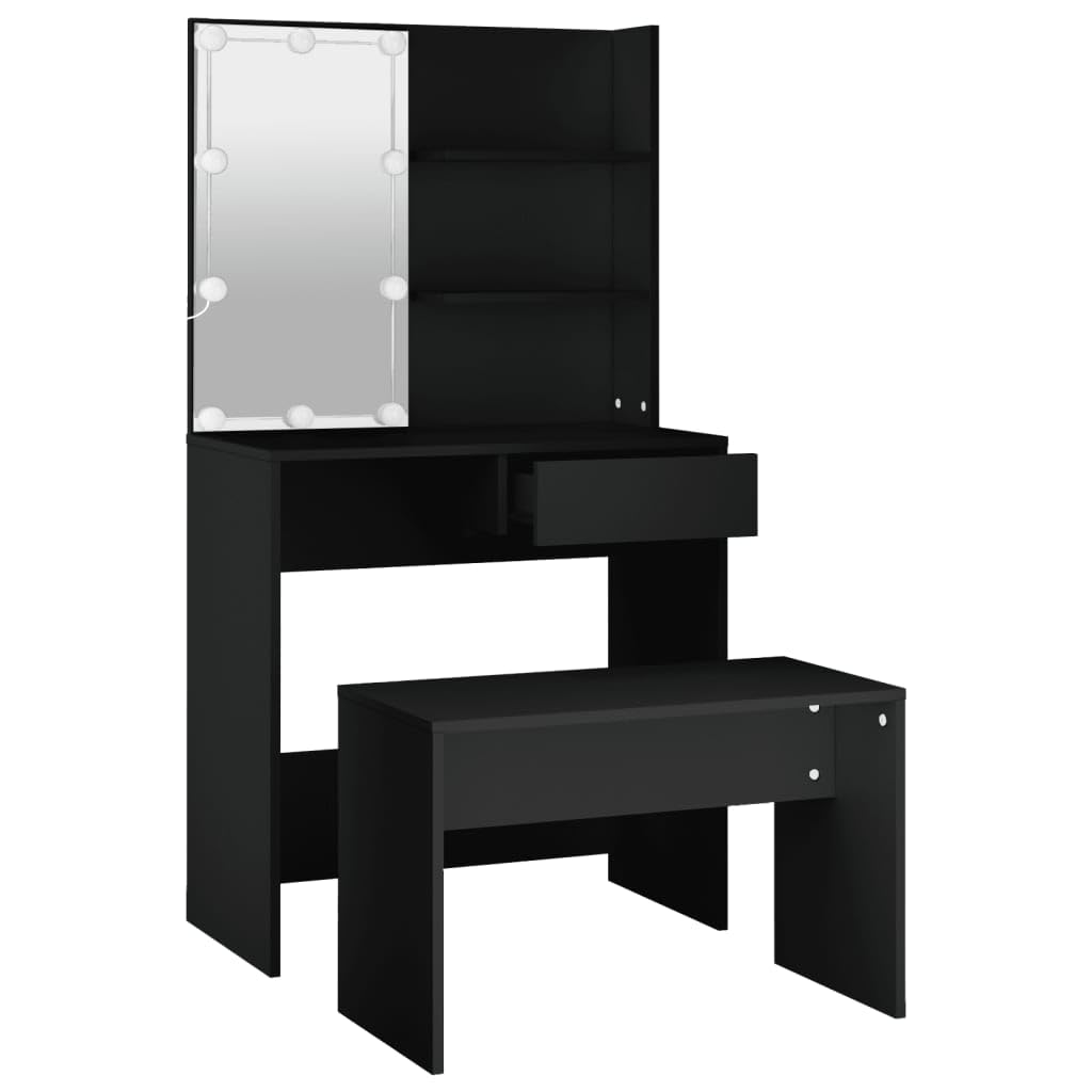 Set Tavolo da Toeletta con LED Nero in Legno Multistrato,Mobili,Armadietti e portaoggetti,Componenti di arredo,Toeletta-3114108