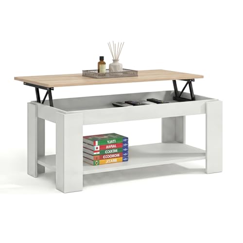 duehome | Mesa de Centro Elevable, Mesa Auxiliar, Modelo LYA, Acabado en Color Blanco Artik y Roble Canadian, Medidas: 102 cm (Largo) x 50 cm (Ancho) x 43 54 cm (Alto)