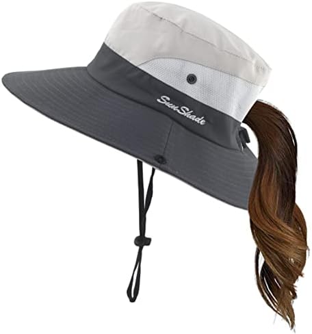 Mukeyo Womens Summer Sun Hat Wide Brim Outdoor UV Protection Hat Foldable Ponytail Bucket Cap for Beach Fishing Hiking Beige