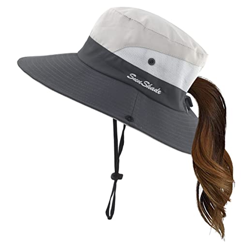 Mukeyo Womens Summer Sun Hat Wide Brim Outdoor Uv Protection Hat Foldable Ponytail Bucket Cap For Beach Fishing Hiking Beige #TOP2
