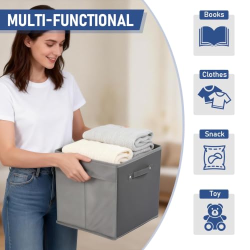 MOVECOM 6-Pack 11 Inch Collapsible Fabric Storage Cubes – Open-Top Non-Woven Organizer Bins with Faux Leather Handles – Durable Home Storage for Shelves & Closets, Ideal for Clothes, Toys, - Image 2