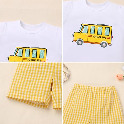 Image of OBEEII Back to School Outfit Toddler Boy Short Sleeve Graphic Shirt Gingham Shorts First Day of School Summer Clothing Set
