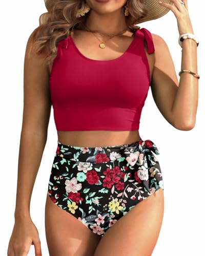 Image of Yonique Two Piece High Waisted Swimsuits Tummy Control Bikini | Full Coverage; Full Lining; Tie shoulder knots to ease ache; Cool airflow via scoop U-back