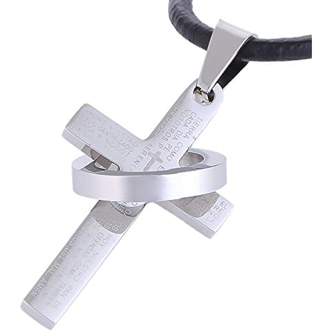 Collar de Piel DonDon con Cruz de Acero Inoxidable Plateado Cover