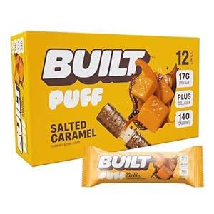 Built Bar, Puff Protein Bars, Salted Caramel Puff, 17g Protein Snacks, On-The-Go Bars, Only 140 Calories, 6g Sugar, Collagen, Gluten Free, 12 Count