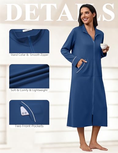 Image of Ekouaer Zipper Robes for Women Long Sleeve Lightweight House Coats with Pockets Zip Up Bathrobe Loungewear S-3XL