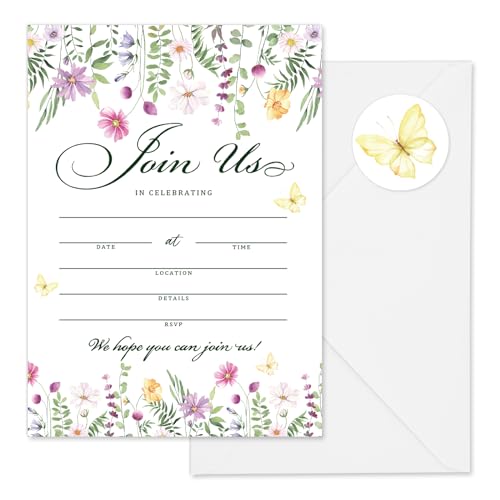 AnyDesign 20pcs Floral Bridal Shower Invitations with Envelopes & Stickers - 5x7 Inch Watercolor Wildflower Butterfly Invitation Cards for Wedding, Baby Shower, Birthday & Dinner Party