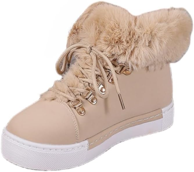 Winter Women's Snow Boots Short Barrel, Solid Leather Lace Up Short Boots Warm Plush Flat Snow Boots for Cold Weather