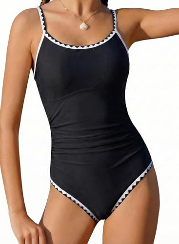 Image of XiaoMoSha Girls One Piece Swimsuit Adjustable Straps Bathing Suit Teen Girl Color Block Trim Padded Beach Swimwear 6-16 Years