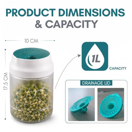 Image of GO STORE Sprout Maker Jar 1100 ml | Seed Sprouting Jar with Mesh Drain Lid & Stand | Sprouts Maker for Moong, Chana, Methi, Lentils, Beans & Seeds