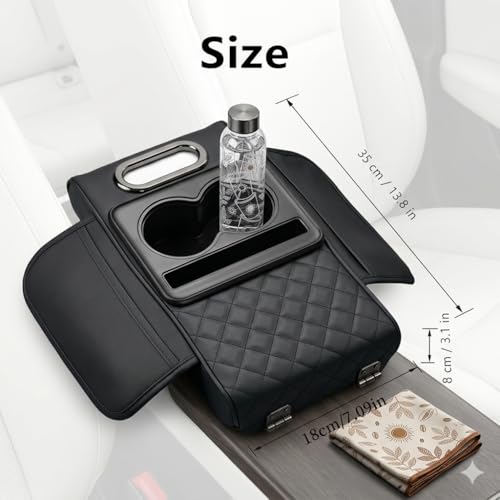 Image of Car Armrest Cushion, 5 in 1 Center Console Cover with 2 Cup Holders, Phone Holder, Tissue Holder, Storage Bag, Multifunctional Leather Heightened Car Armrest Cushion for Universal Fit (Black)