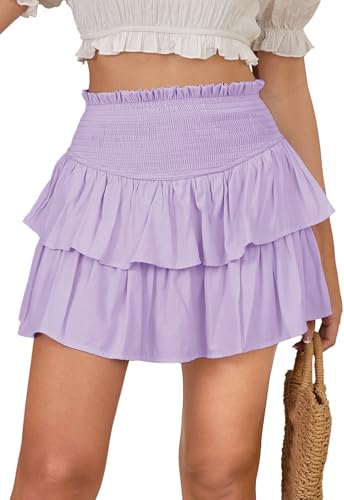 JayscreateEU Rock Damen A-Linie Sexy Minirock Sommer Hosenrock Hohe Taille Elastischer FaltenrockViolettM