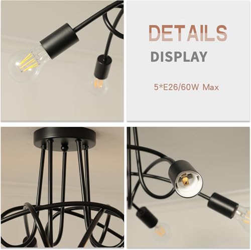 Lanpesting Modern Farmhouse Chandelier,25 Inch Black Metal Spiral Rustic Vintage Semi Flush Mounted Ceiling Light Fixture for Dining Room Bedroom Kitchen Island Hallway Foyer Entryway(5-Light) by Lanpesting - Image 7