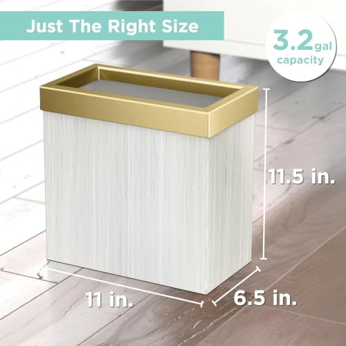 Image of Gatco Modern Rectangle Wastebasket, White Oak /Brushed Brass Lid - Stainless Steel Trash Can with Removable Lid, Leakproof, 3 Gallon Capacity for Bathroom, Bedroom, Kitchen, or Office