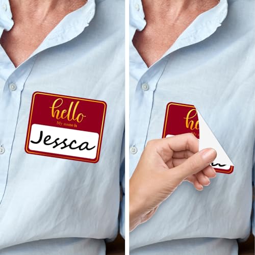 Image of 180 PCS Hello My Name is Name Tag, Gold Foil Name Tags Sticker, 2.5 x 3 Inch Large Name Labels, Red Adhesive Name Tag Labels for Business, Party - Office, School, Home