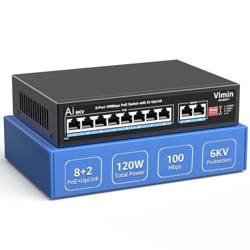 VIMIN 10-Port PoE Fast Ethernet Switch - 8 Port Unmanaged 10/100Mbps Network Switch with 2 Uplink, VLAN, Extend 250m, Support IEEE802.3af/at, 120W PoE Power, Plug & Play