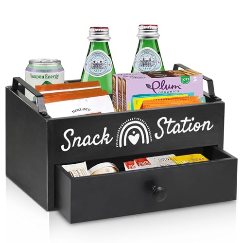 COZYYROME Snack Organizers and Storage for Countertop,Wooden Pantry Storage Bins,5 Compartment Snack Basket Storage Bins with Drawer,Snack Dispenser Pantry Organizer for Snacks,Cookies,Candies