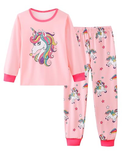 Mikrdoo Girls Pajamas Kids Pjs: 2 Piece Pink Unicorn Pajamas Girls Fashion Soft Long Sleeve Top and Pants Lovely Fall Pjs Set Size 5