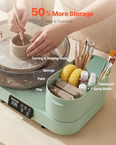 Image of VEVOR Pottery Wheel for Adults, 14 inch and 11 inch Turntables, 450W Electric Table Top Pottery Wheel with Foot Pedal, 30-300 RPM Adjustable Speed, Aluminum Body, for Beginners, DIY Clay Art Craft, Green