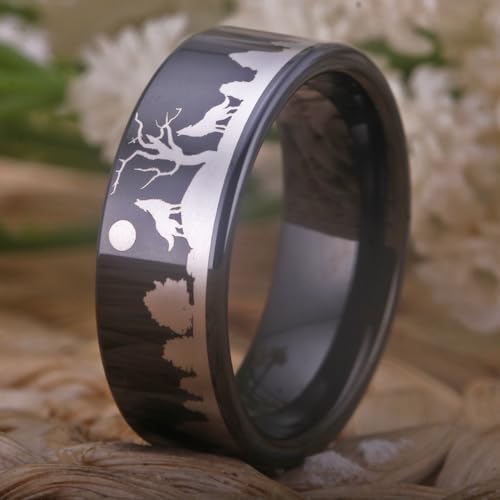 8MM Width Black Pipe Howling Wolves Ring Forest Landscap Ring Hunter Wolf Ring Tungsten Ring - Free Engraving Inside2