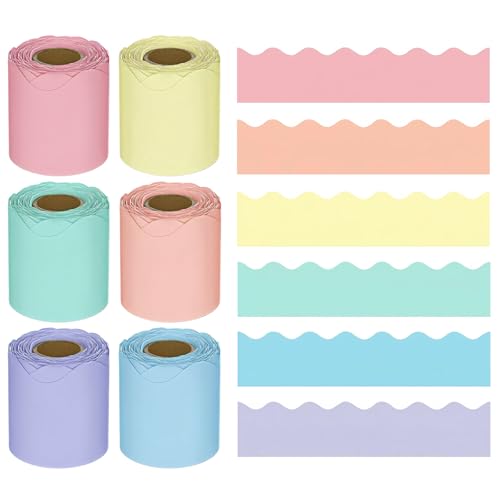 Colourful Classroom Bulletin Board Borders Waterproof Corrugated Display Trims for School Office Home Party | 6 Vibrant Rolls Wave Design Border for Whiteboards Chalkboards Wall Displays (Macaron)