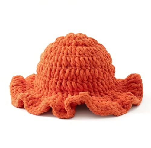 Handmade Knitted Orange Fisherman's hat with Cartoon-Style Fashion and Warm Knit Hood
