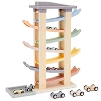 Joyreal Wooden Car Ramp Toy - Montessori Toys for 1 2 3 Years Old, Ramp Racer Toy Vehicle Set with 8 Mini Cars & Race Tracks & Car Garage, Toddler Travel Toys Gifts for Boys Girls