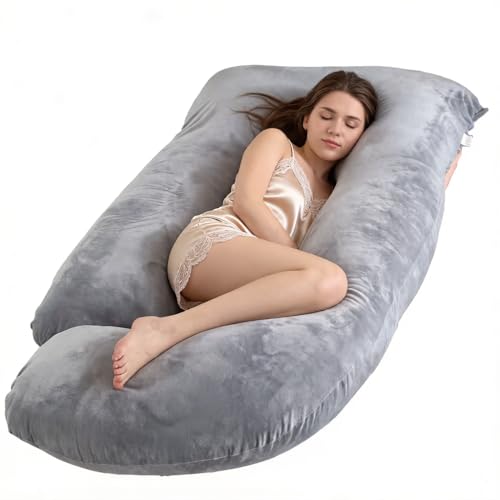Pregnancy Pillow J-Shaped Full Body Support, 155cm Velvet Cover for Pregnant Women, Maternity Back Leg Belly Sleep Pillow with Removable Cover