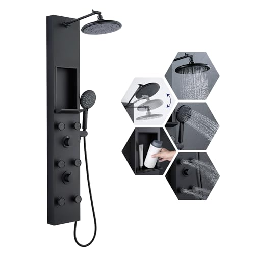 ROVATE Shower Panel Tower System with Shelf, Adjustable Shower Arm, Matte Black Shower Tower with 6 Body Jets, Self-Cleaning Rainfall Shower Head & Handheld, Powerful Shower Column Stainless Steel