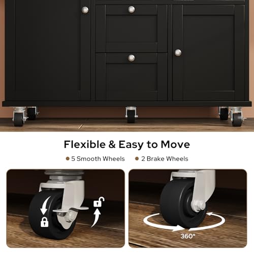 Rolling Kitchen Island with Storage Cabinet, 41.3\'\' Width Kitchen Cart with Desktop Drop Leaf Countertop, Portable Mobile Island with Towel Rack, Spice Rack Shelf and Lockable Wheels, Black