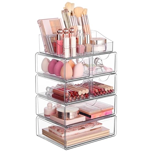 Vtopmart 5 Tier Clear Makeup Organizer with Drawer Cosmetic Storage for Dresser Countertop and Bathroom Vanity Beauty Holder for Lipstick Brush Skincare