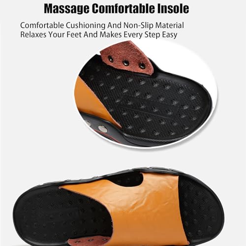 Men'S Leather Rivet Flat Slide Sandals Fashion Round Open Toe Slip-On Soft Sole Beach Sandals Summer Casual Vacation Party Male Sandals3