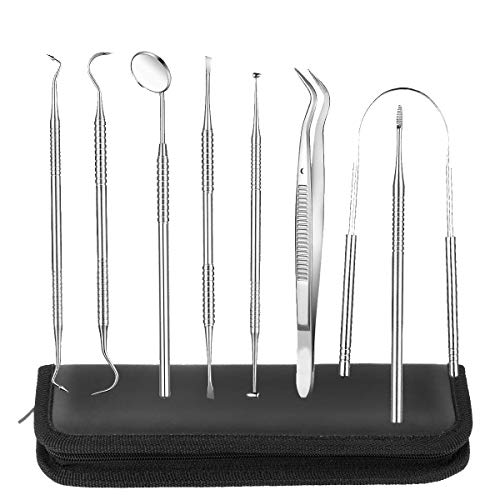 Dental Tools Pick, 8 Pack Teeth Cleaning Oral Care Kit, Stainless Steel Hygiene Kit Calculus Plaque Tartar Remover Set, Dental Probe Tongue Cleaner Tooth Pick Set Dentist Home Use for Personal