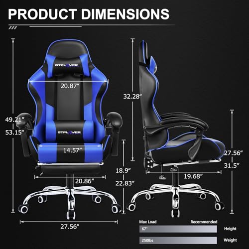 GTPLAYER Bürostuhl Gaming Stuhl Gaming Sessel Ergonomischer Gamer Stuhl mit Fußstütze, Kopfstütze Lendenkissen, Gepolstert Gaming Chair… – Ansicht 6