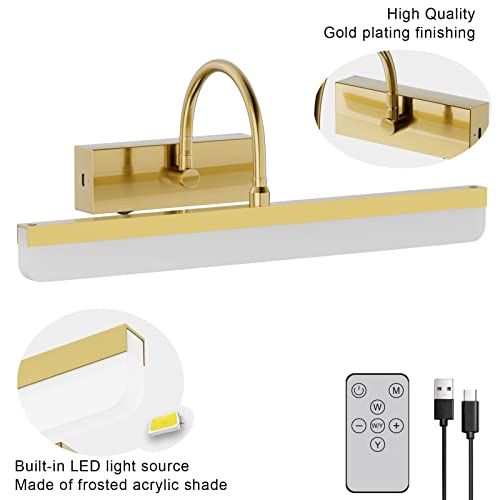 Ralbay Gold Battery Operated Picture Light 15.7" Modern Led Dimmable Picture Light With Remote Control Painting Light, 3 Lighting Modes, Rechargeable Battery Pictures Light #TOP4