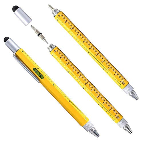Shulaner 6 in 1 Tech Tool Ballpoint Pen with Ruler, Levelgauge, Ballpoint Pen, Stylus and 2 Screw Driver, Multi-functional Tool Fit for Mens Gift, Yerllow, Pack of 3