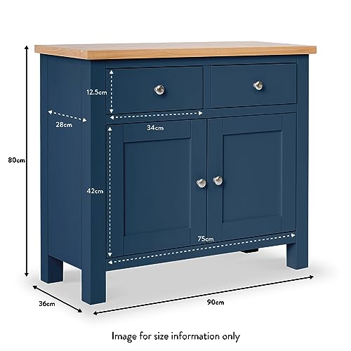 RoselandFurniture Farro Blue Small Sideboard for Living Room | Fully Assembled Painted Storage Cabinet Solid Wood 2 Door Cupboard Unit with 2 Drawers & Oak Top for Kitchen, Dining Room or Hallway - Image 3