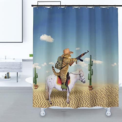 Domoku Cat Shower Curtain Cute Funny Cowboy Cat Riding Horse in The Desert Bathroom Shower Curtains Polyester Fabric Waterproof with 12Hooks 72 * 72inch/180cm*180cm