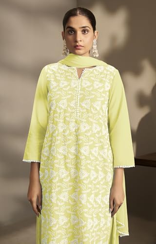 Image of DRESOUL Women Pure Cotton Schiffli Embroidered Kurta Set and Dupatta