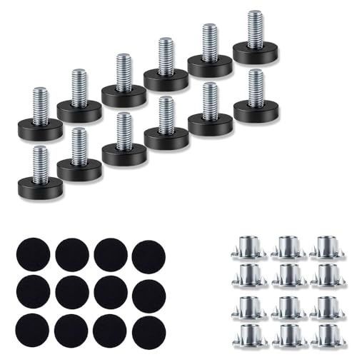 [12 Pcs] 1/4 Inches -20 UNC Thread Screw-in Adjustable Furniture Leveling Feet with T-Nuts and Felt Pads – Safe Protection and Sound-Insulation for Floor – Premium Furniture Feet Levelers by Ruylwne