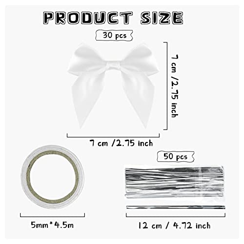Wisepoint Satin Ribbon Bows 30Pcs, 7Cm Mini Bows With Double-Sided Adhesive Tape And Gift Wire, Silk Self Adhesive Bows For Decorate Gifts, Diy Packaging, Toys, Wedding, Party (White) #TOP1