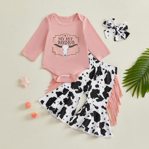 My First Rodeo Baby Girl Outfit Newborn Toddler Cowgirl Western Clothes Long Sleeve Romper Bell Bottom Pants Set2