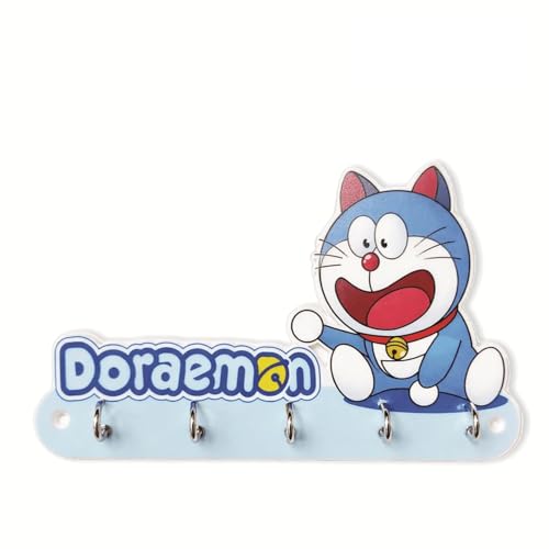 Image of KNP Kids Wall Organiser, Acrylic, Cartoon Theme, 5 Stainless Steel Hook, Weather Proof and Anti-Rust, Wall Mounted Key Holder (Doremon 2)