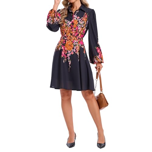 Women's Long Sleeve Summer Button Down A-Line Floral Print Fall Cocktail Shirt Dresses with Belt for Work Vocation3