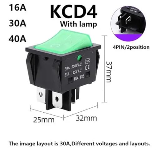 Interrupteur à bascule KCD4 4 PIN vert 250V pour bouton machine à coudre 30A - 2
