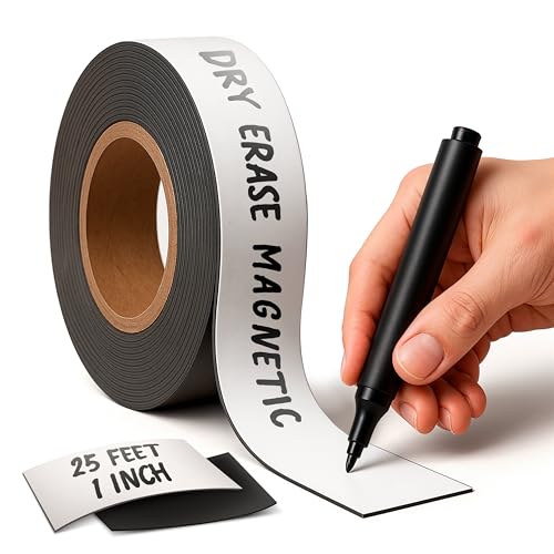 Magnetic Dry Erase Tape 25 Feet 1 Inch - White Magnetic Strip Blank Magnets to Write On Dry Erase Strips Magnet Tape Roll Custom Writable Flexible Tape for Whiteboards Shelves Bus Seats Lockers
